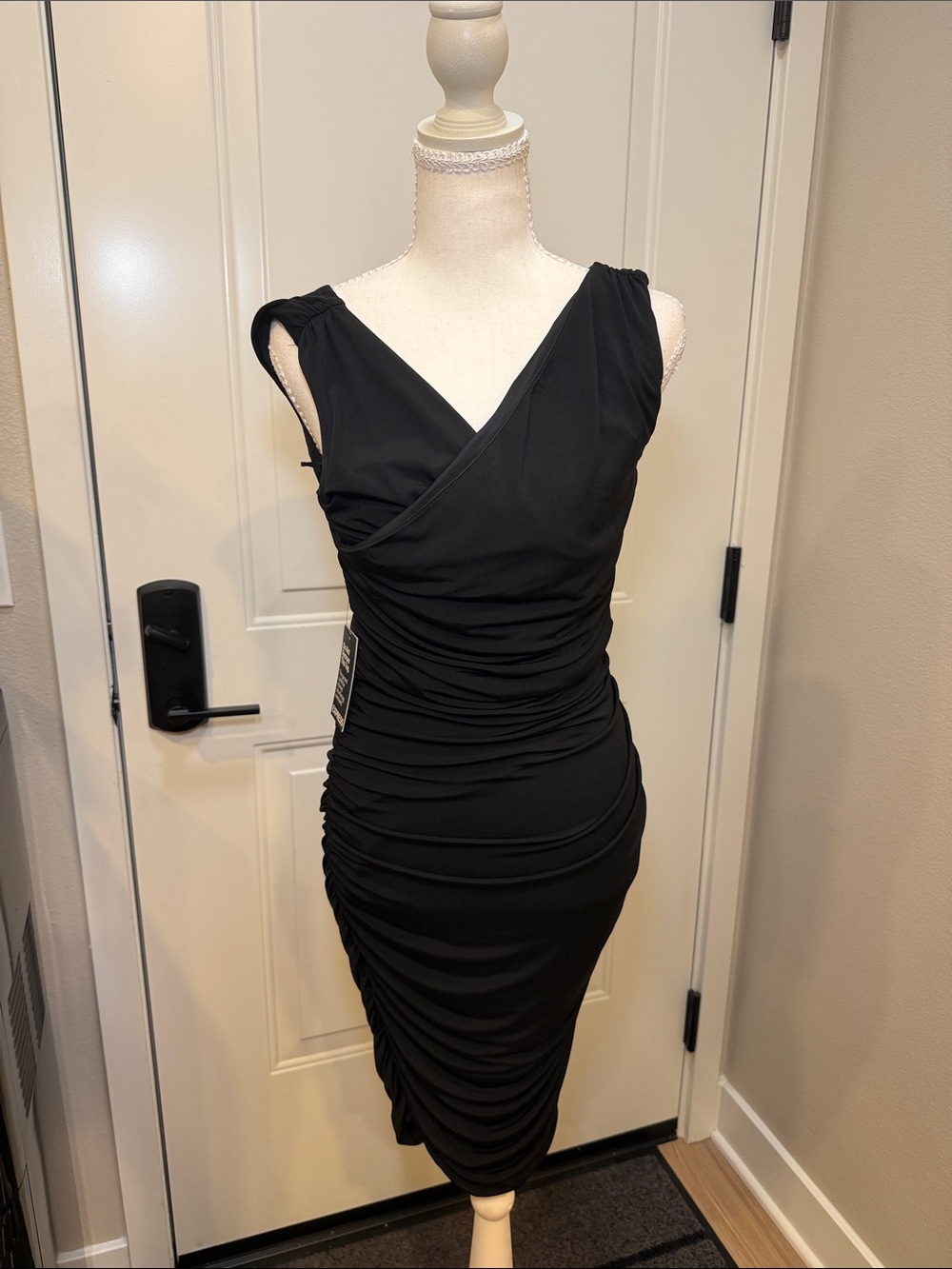 Express Black Ruched V-Neck Midi Dress